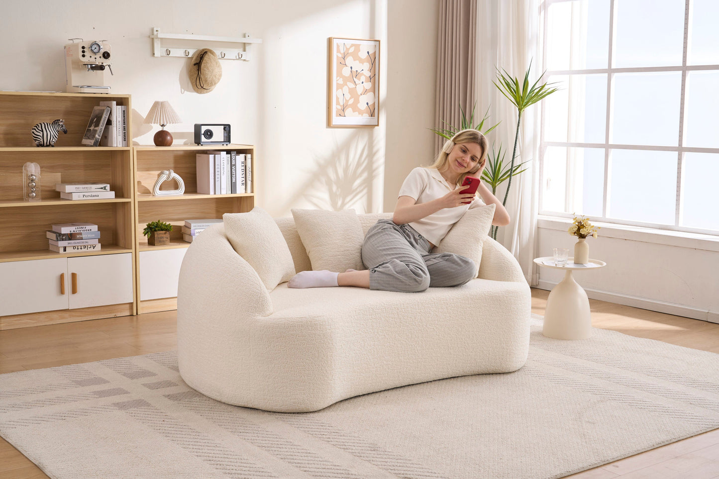 Loveseat Curved Modern Chenille Off-White 2 Seat 3 Pillows 65 In