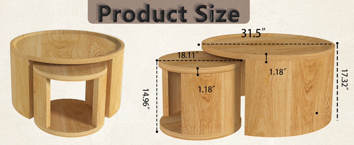 Round Nesting Coffee Table Set of 2, 31.5 and 18 in, Wood Top, Living Room