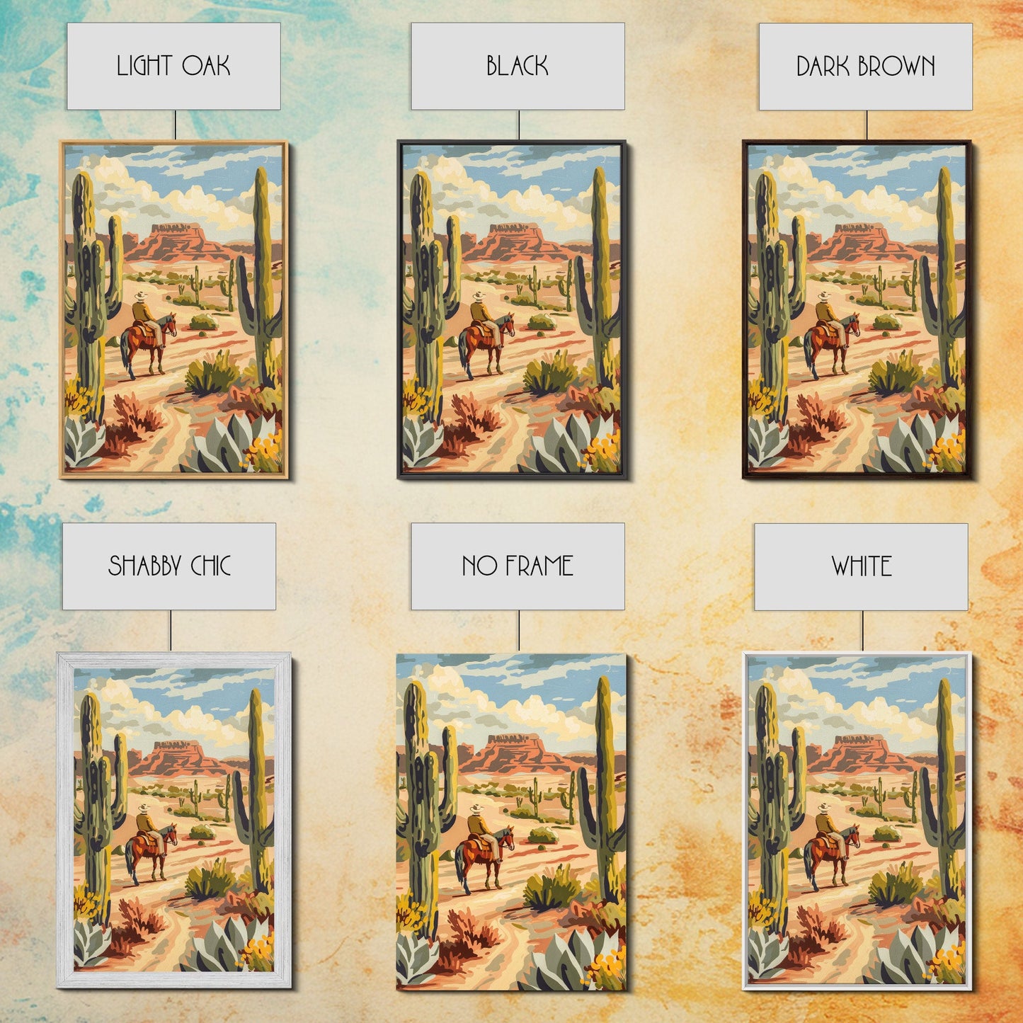 Cowboy Riding in Desert Landscape with Cacti - Framed Canvas Print, Western Art, Southwestern Decor, Desert Scene Wall Art for Home