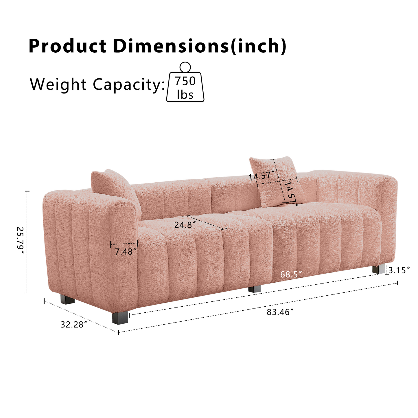 Sofa Modular Velvet Teddy Pink 3 Seat Metal Legs 87 In 750 LB