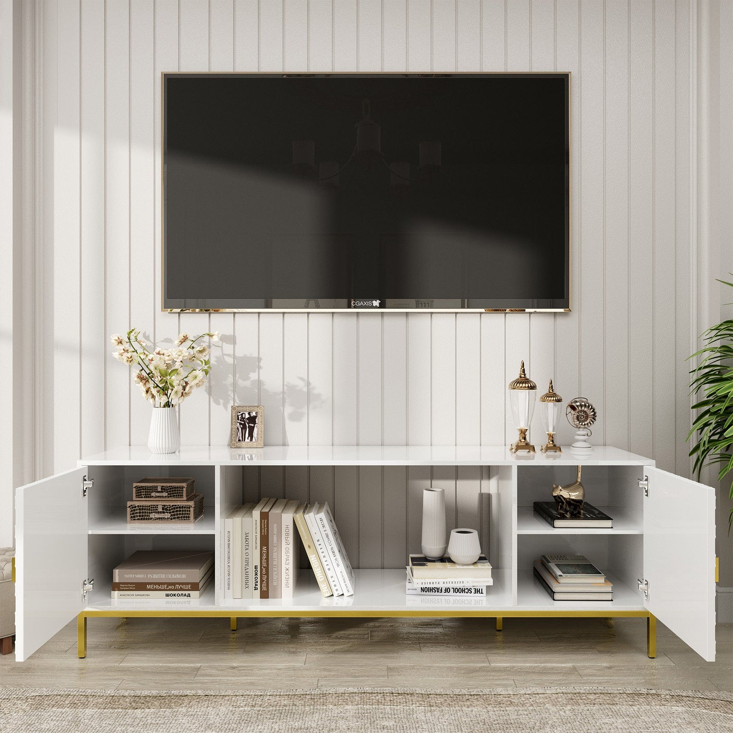 TV Stand Fireplace Space MDF White Honeycomb Door Gold Legs 80 LB 70 In