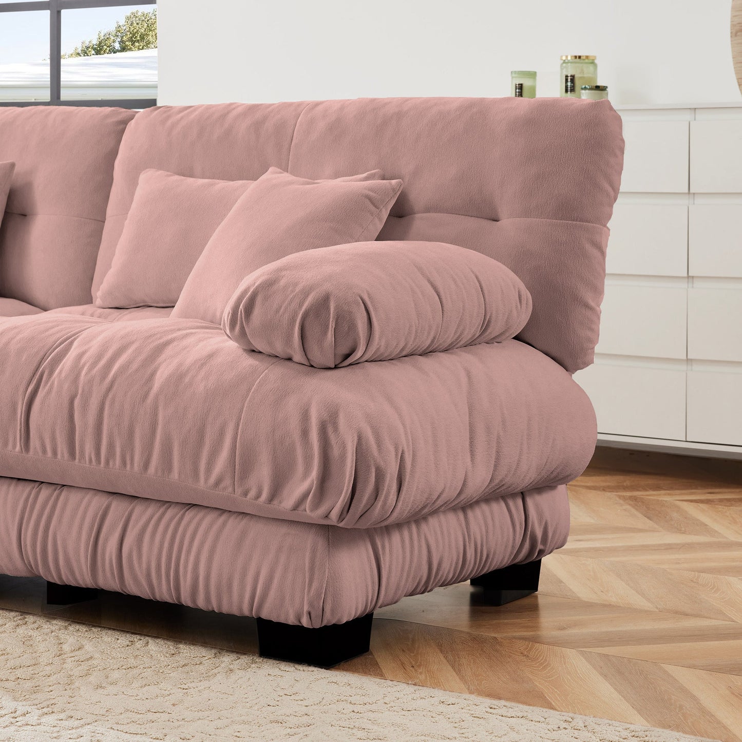 Sectional Sofa Cloud Curved Chenille Pink 2 Seat Convertible Ottoman