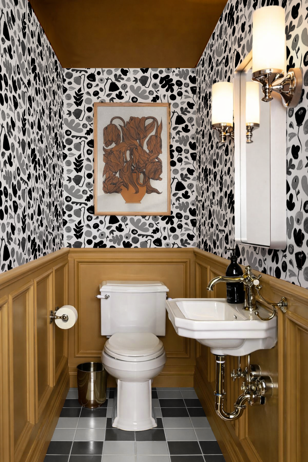 Henri Floral Wallpaper, black and white