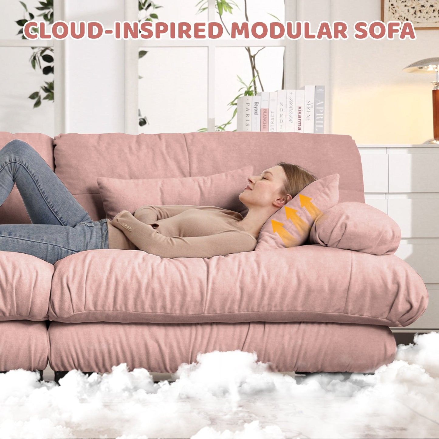 Sectional Sofa Cloud Curved Chenille Pink 2 Seat Convertible Ottoman