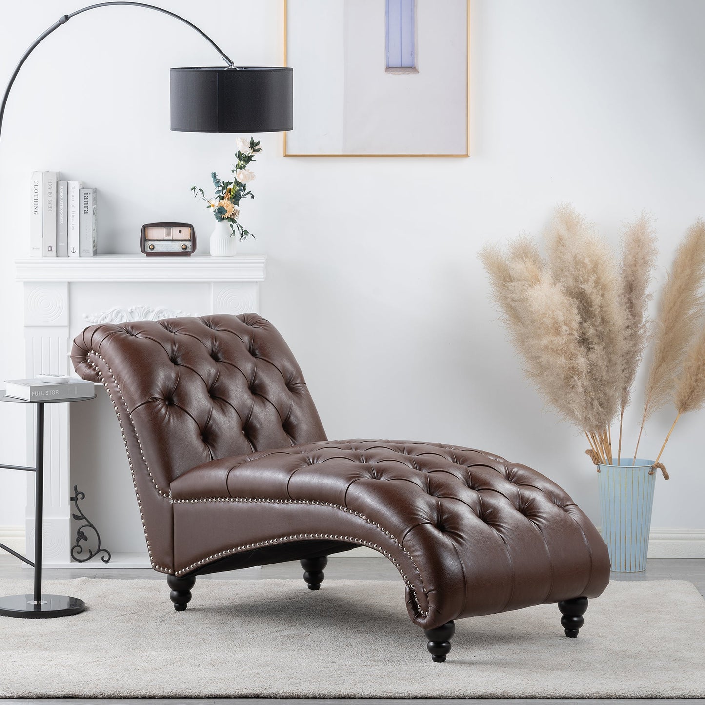 Chaise Lounge Armless PU Leather Dark Brown Tufted Foam Birch Legs 220 LB