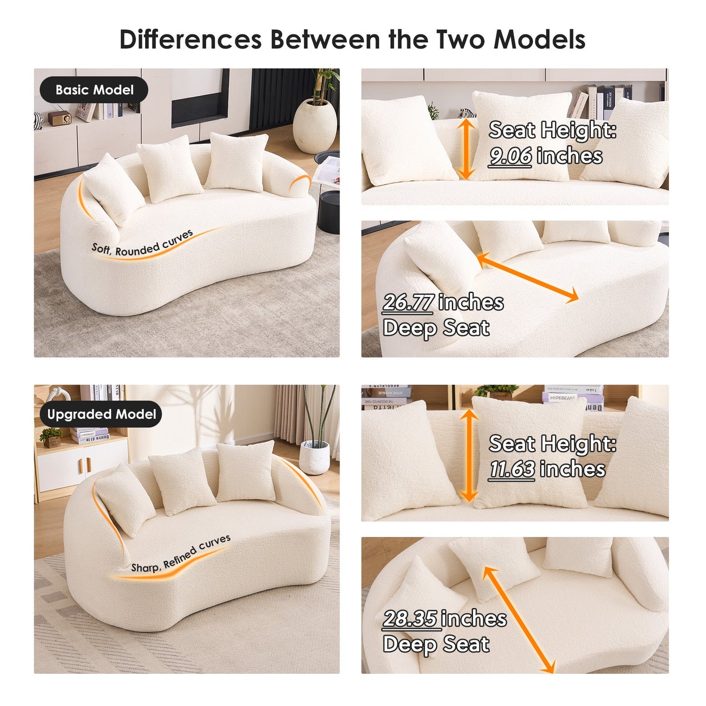 Loveseat Curved Modern Chenille Off-White 2 Seat 3 Pillows 65 In