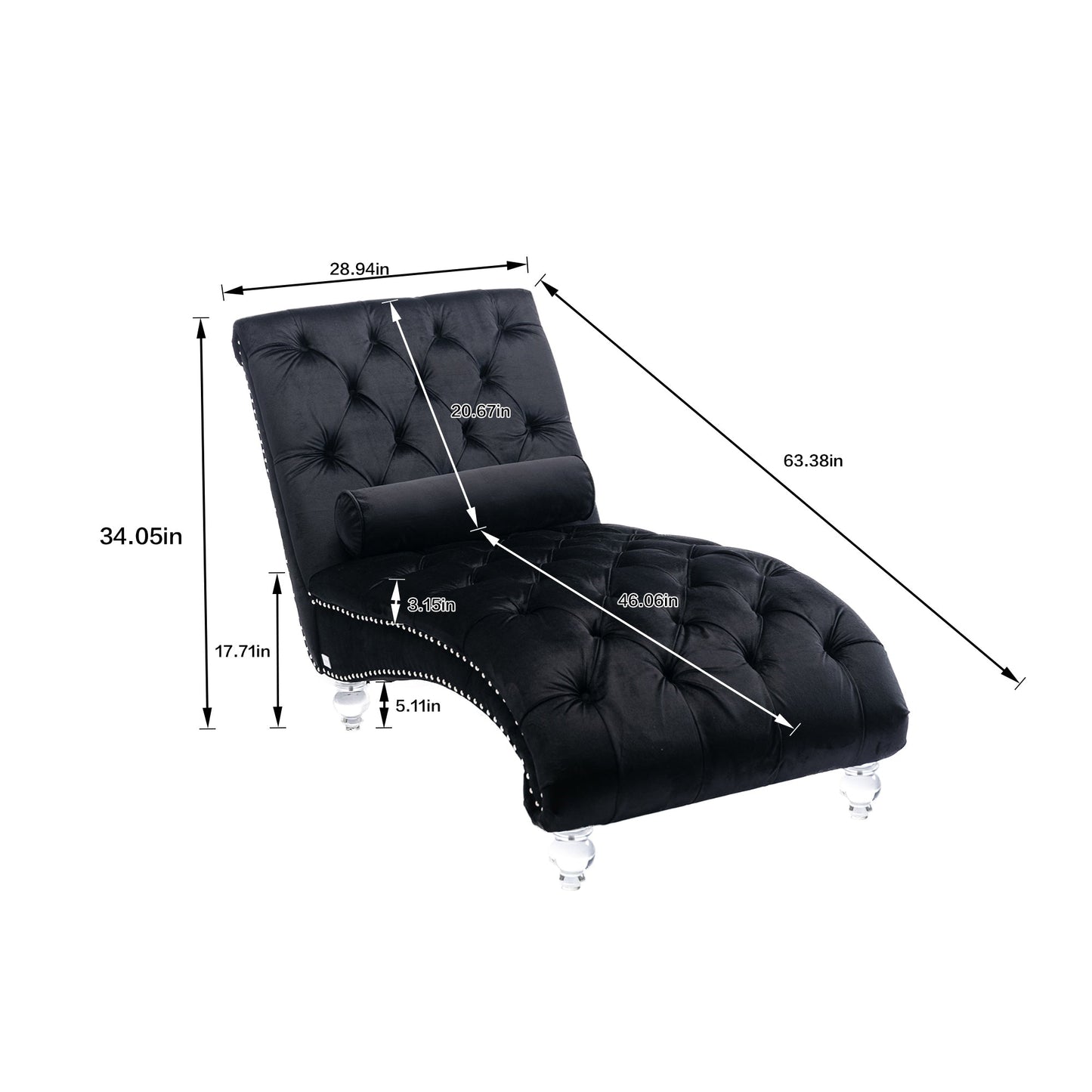 Velvet Chaise Lounge, Button-Tufted with Pillow, Black, 63.38x28.94x34.05 in