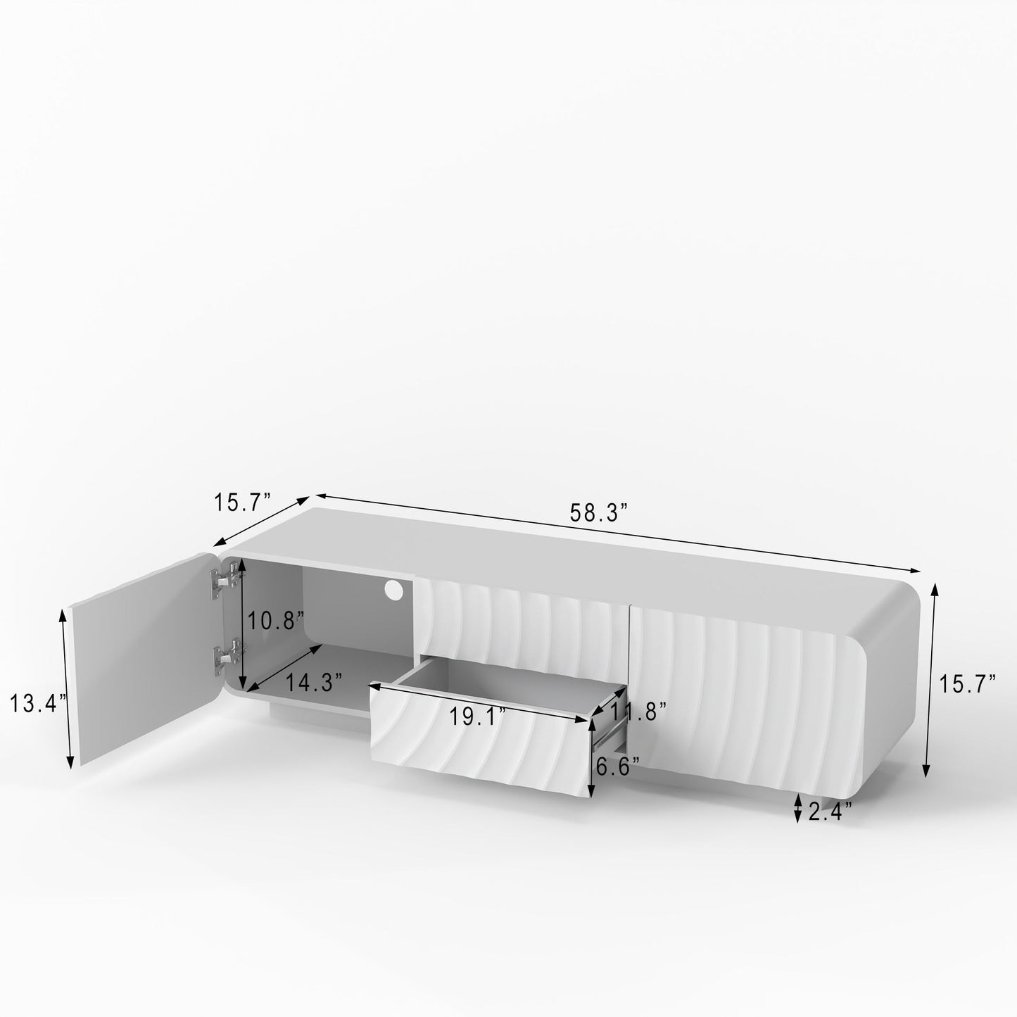 TV Stand Spiral Wave White MDF Floating Base Fits 60 In TV 58.3 In
