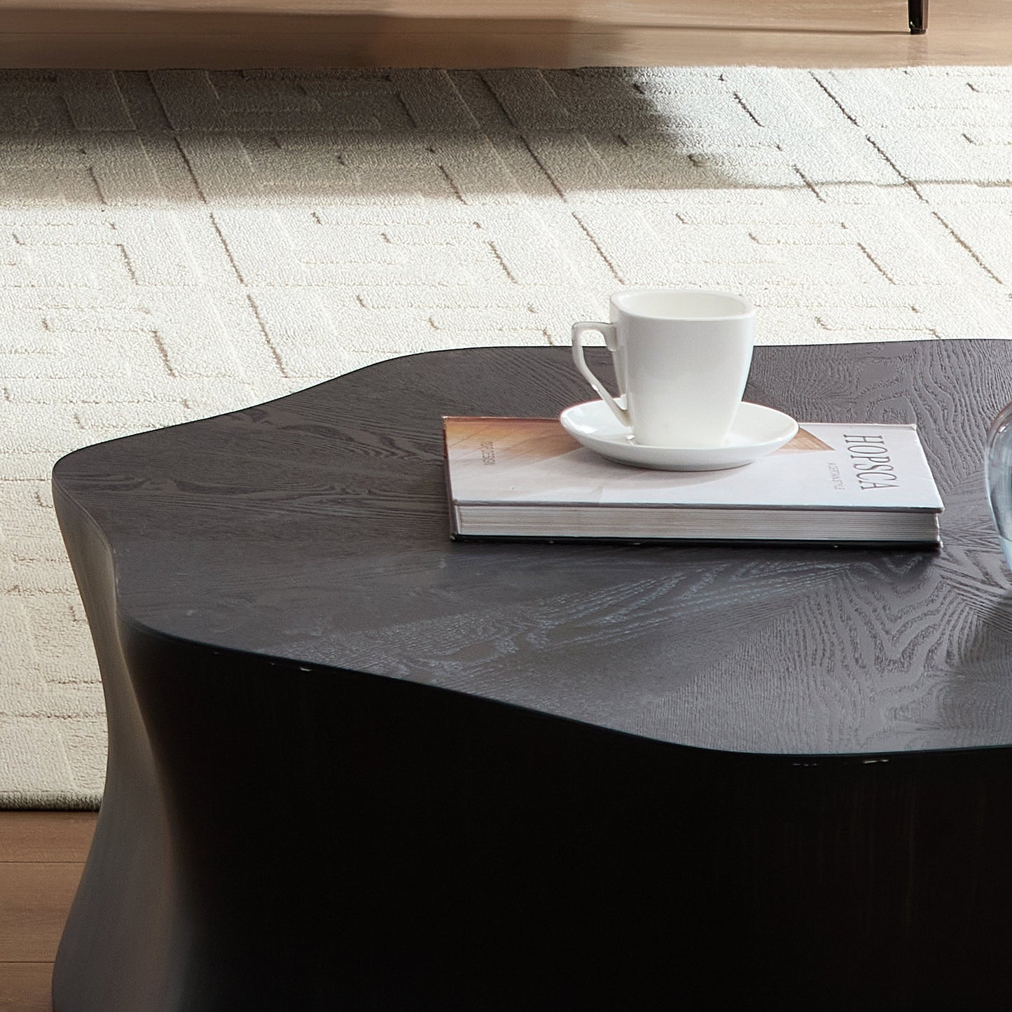 Black Petal Coffee Table, Fiberglass with Birch Wood Grain Veneer, Living Room