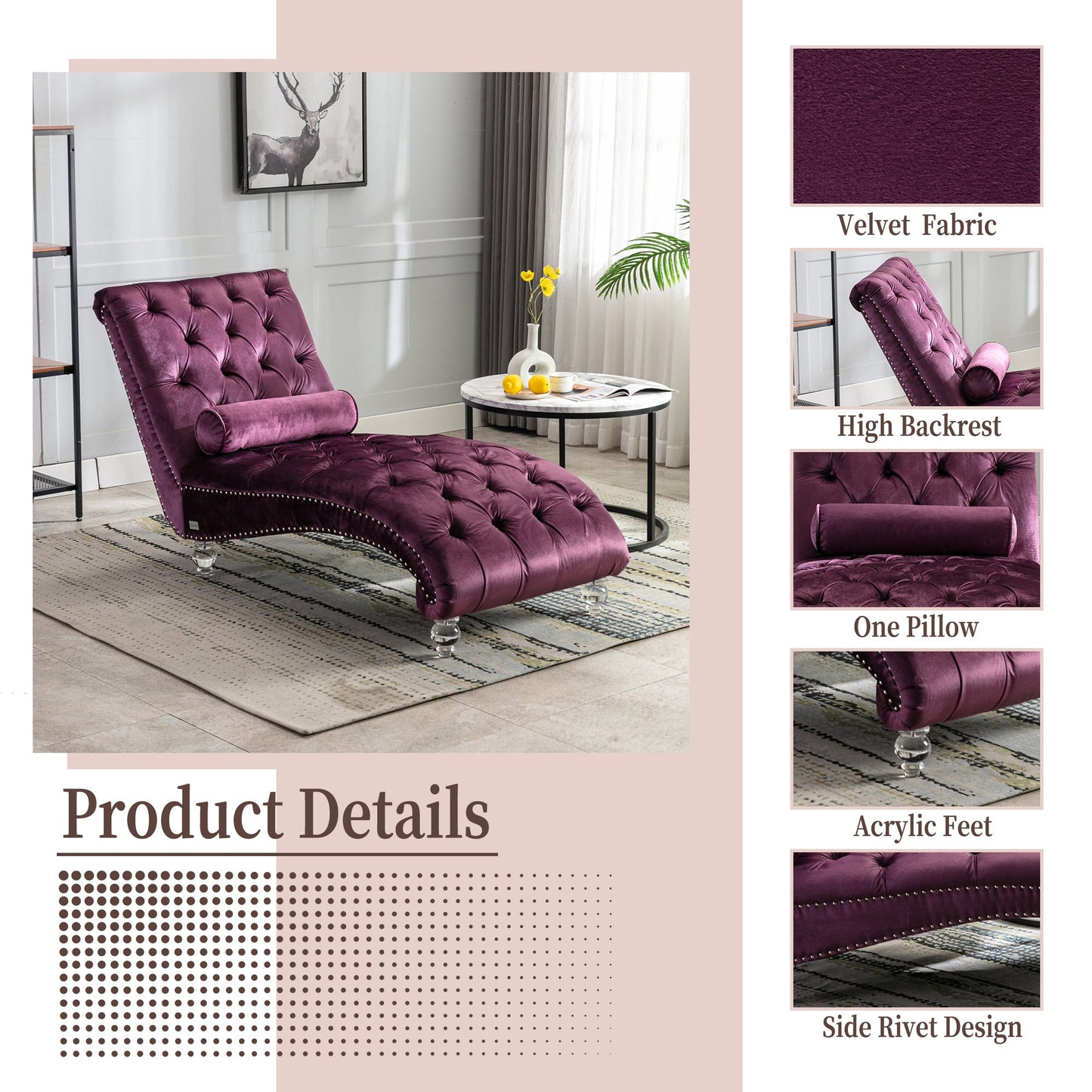 Velvet Chaise Lounge Indoor, Button-Tufted with Pillow, Purple, Bedroom