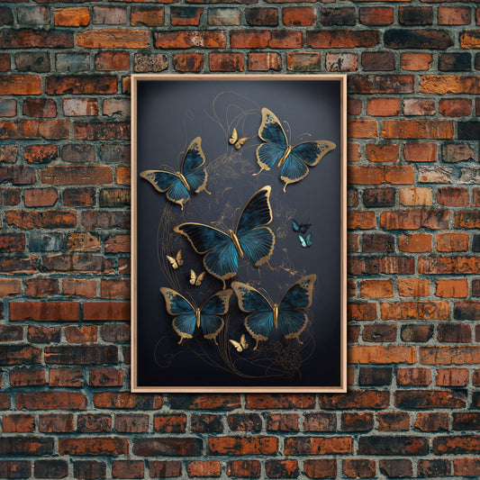 Blue Butterflies Canvas Print Wall Art, Blue and Gold Butterfly Canvas Painting, Butterfly Wall Decor, Home Gift, ready to hang decor