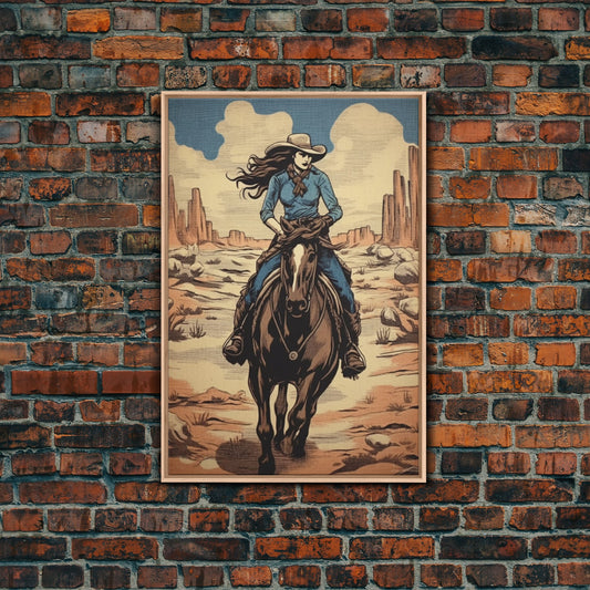 Western Cowgirl Painting Print, Vintage Wall Art, Mid Century Decor, Antique Oil Painting, Moody Print, Western Poster Art