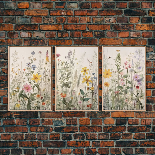 Watercolor Wild Flowers 3 Piece Framed Canvas Wall Art Set Floral Botanical Prints Minimalist Modern Art Boho Wall Decor Nursery Art