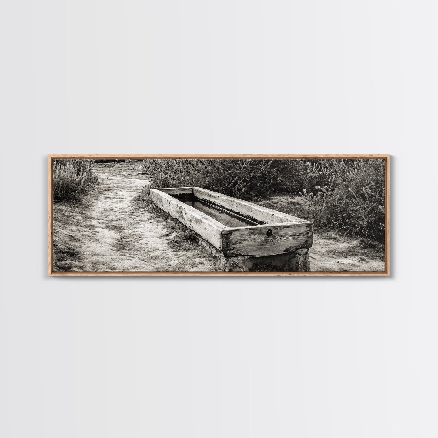 Rustic Water Trough, Nature Trail, Western Desert Scene, Framed Canvas Print, Country Farmhouse Decor, Minimalist Entryway Wall Art