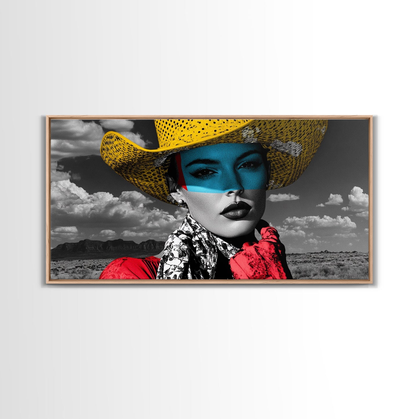 Western Woman, Yellow Hat, Desert Portrait, Fashion Pop Art, Framed Canvas Print, Bold Bedroom Wall Art, Glam Western Wall Decor