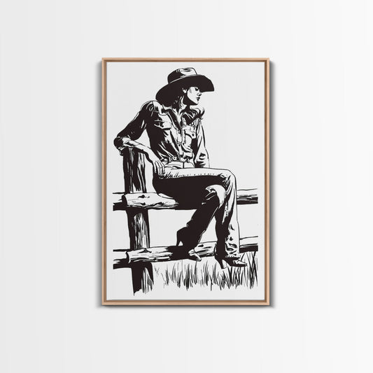 Cowgirl Resting on Fence Art Print, Western Silhouette Framed Canvas, Vintage Cowgirl Artwork, Rustic Home Decor