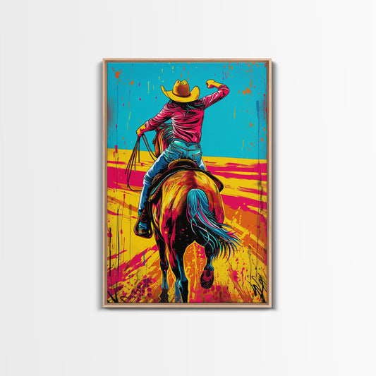 Vibrant Pop Art Cowboy on Horseback in Dynamic Colors - Framed Canvas Print, Western Decor, Cowboy Art for Living Room, Home Wall Art