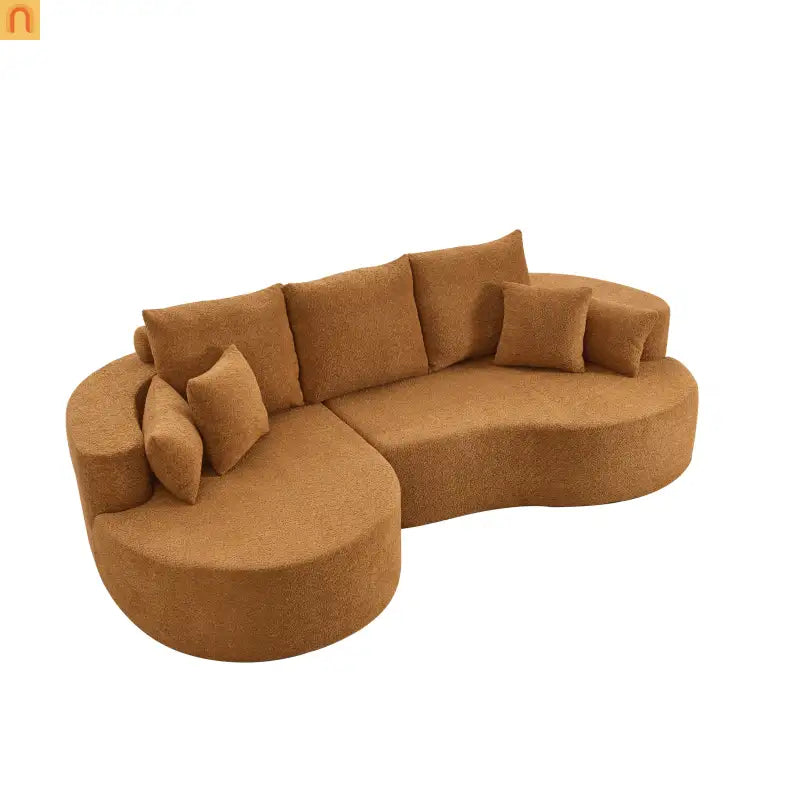 Sectional Sofa Curved Boucle Camel 4 Seat 106 In Chaise 7 Pillows