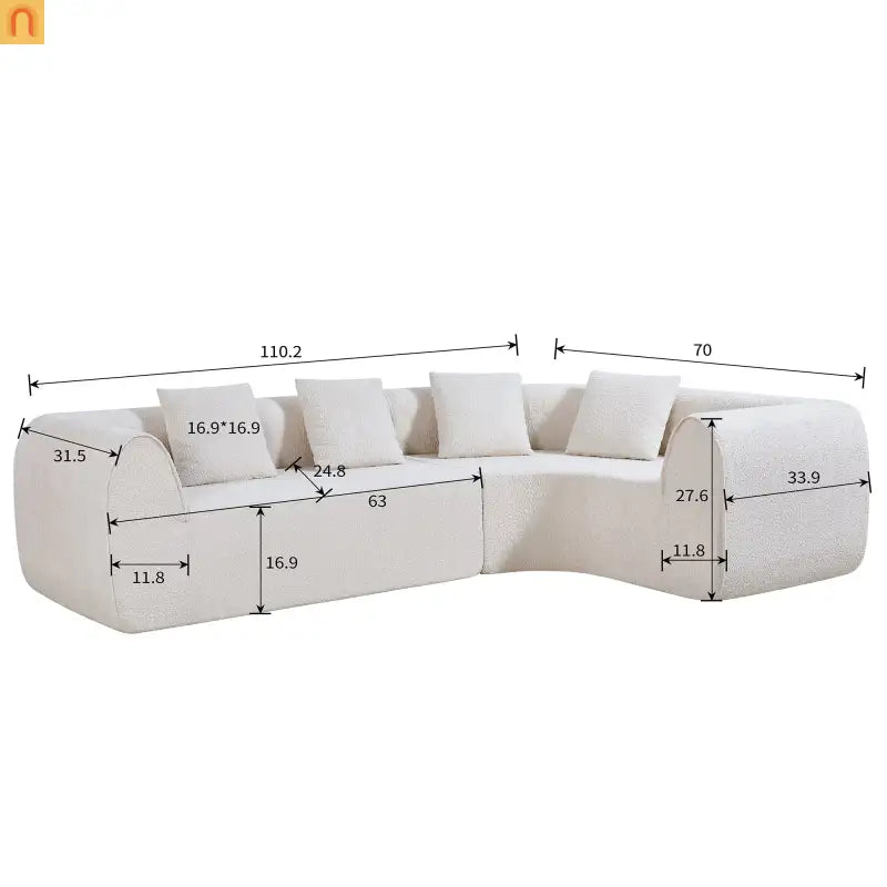 Sectional Sofa Curved L-Shape High-Density Foam Almond 4 Seat 110 In