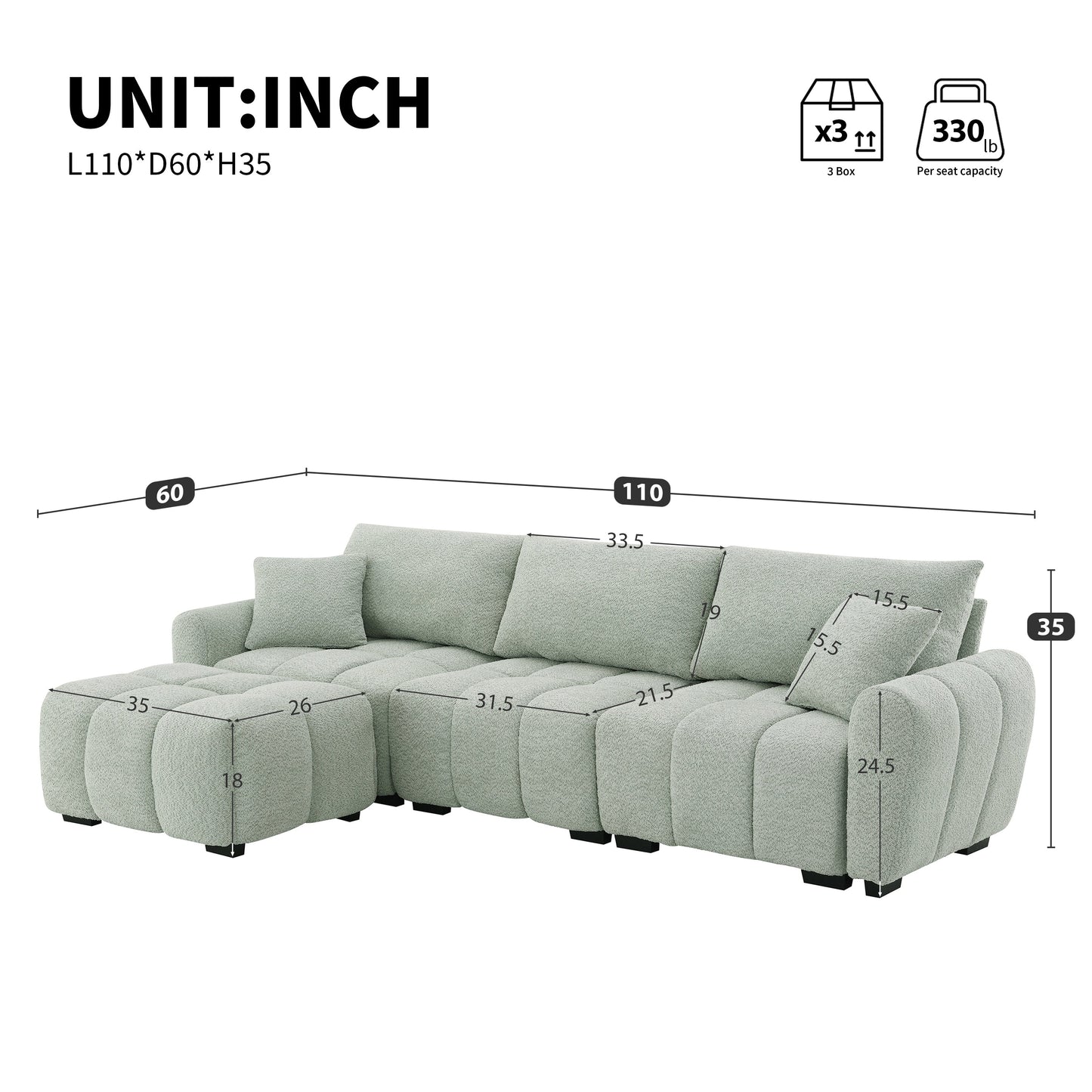 Sectional Sofa L-Shape Boucle Light Green 4 Seat Ottoman 110 In