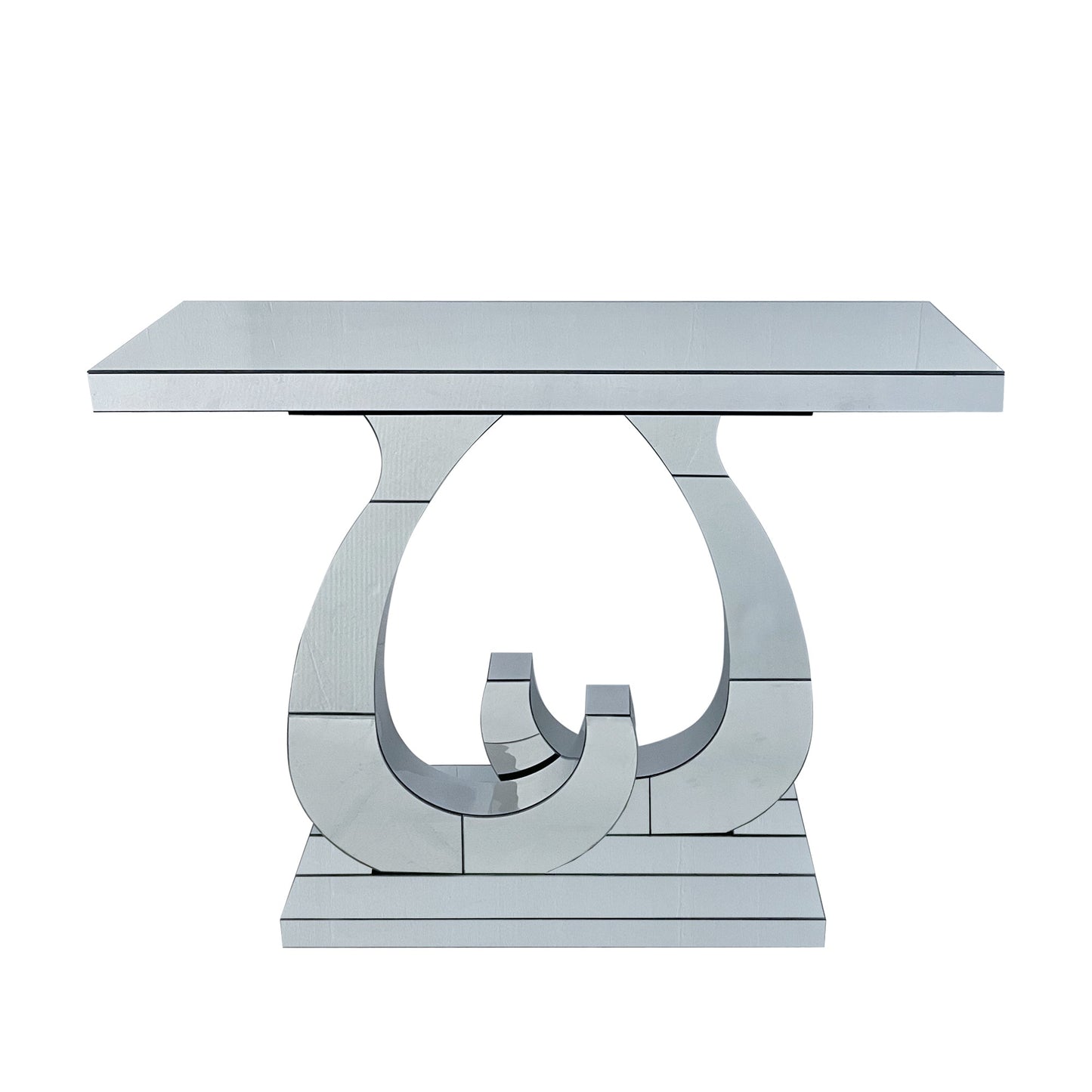 Modern Mirror Side Table, Glass, Double C-Shaped Base, Hall Table, Silver