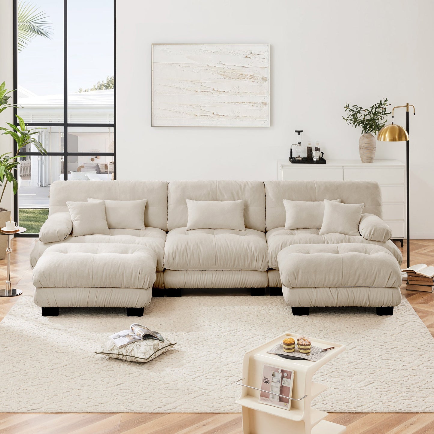 Sectional Sofa U-Shape Chenille Light Coffee 3 Seat 2 Ottomans