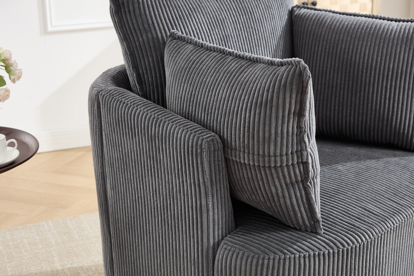 Accent Chair Swivel Round Barrel Corduroy Gray 350 LB 34x32x35 In