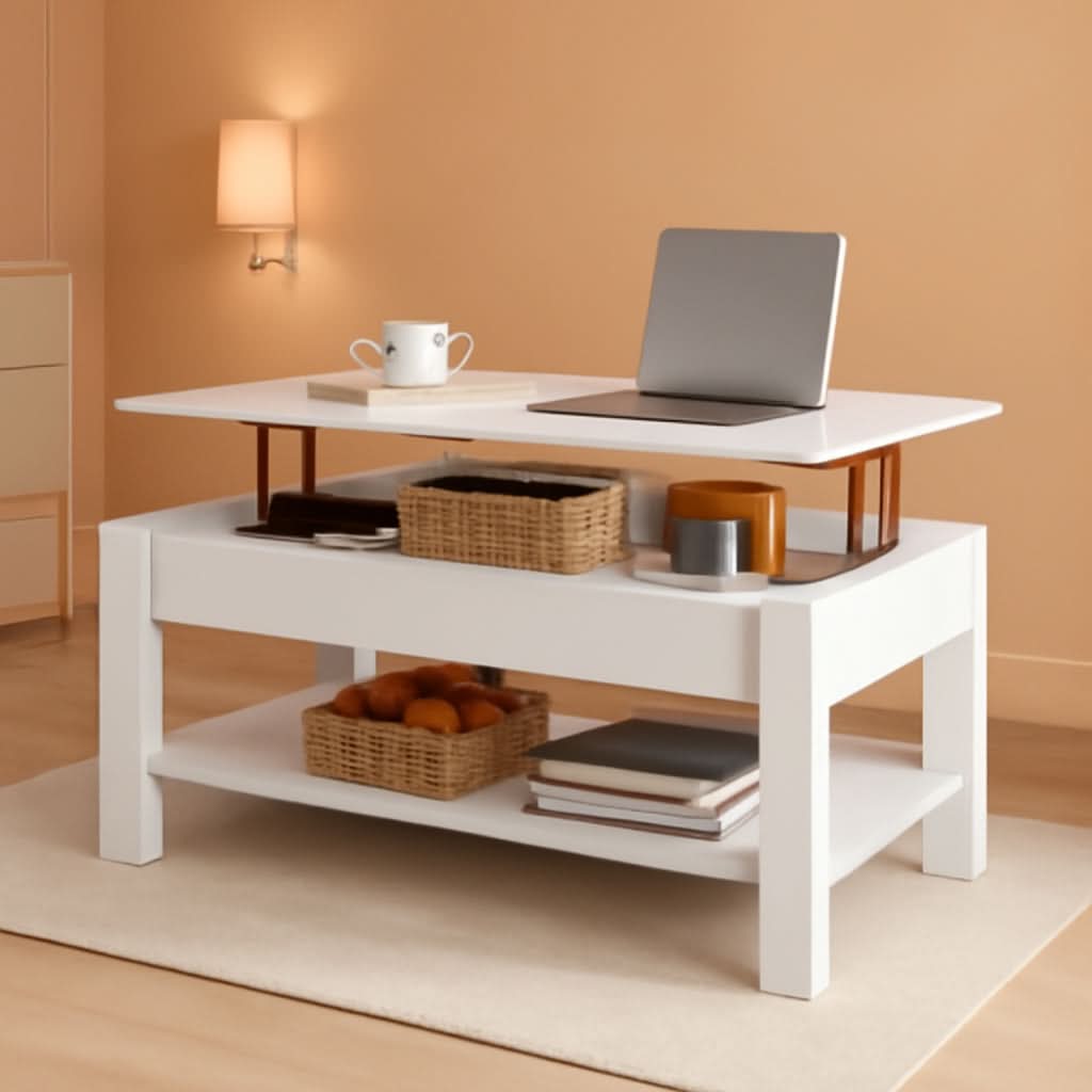 Lift Top Coffee Table With Hidden Compartment And White Finish