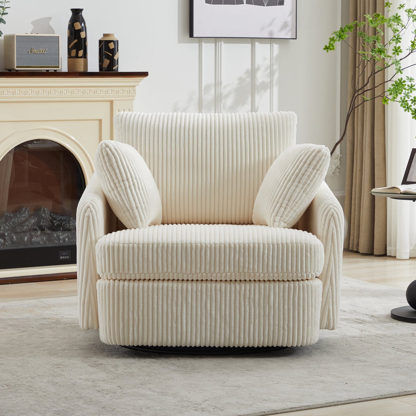 Accent Chair Swivel Round Oversized Corduroy Ivory 360 Degree 3 Pillows 40 In