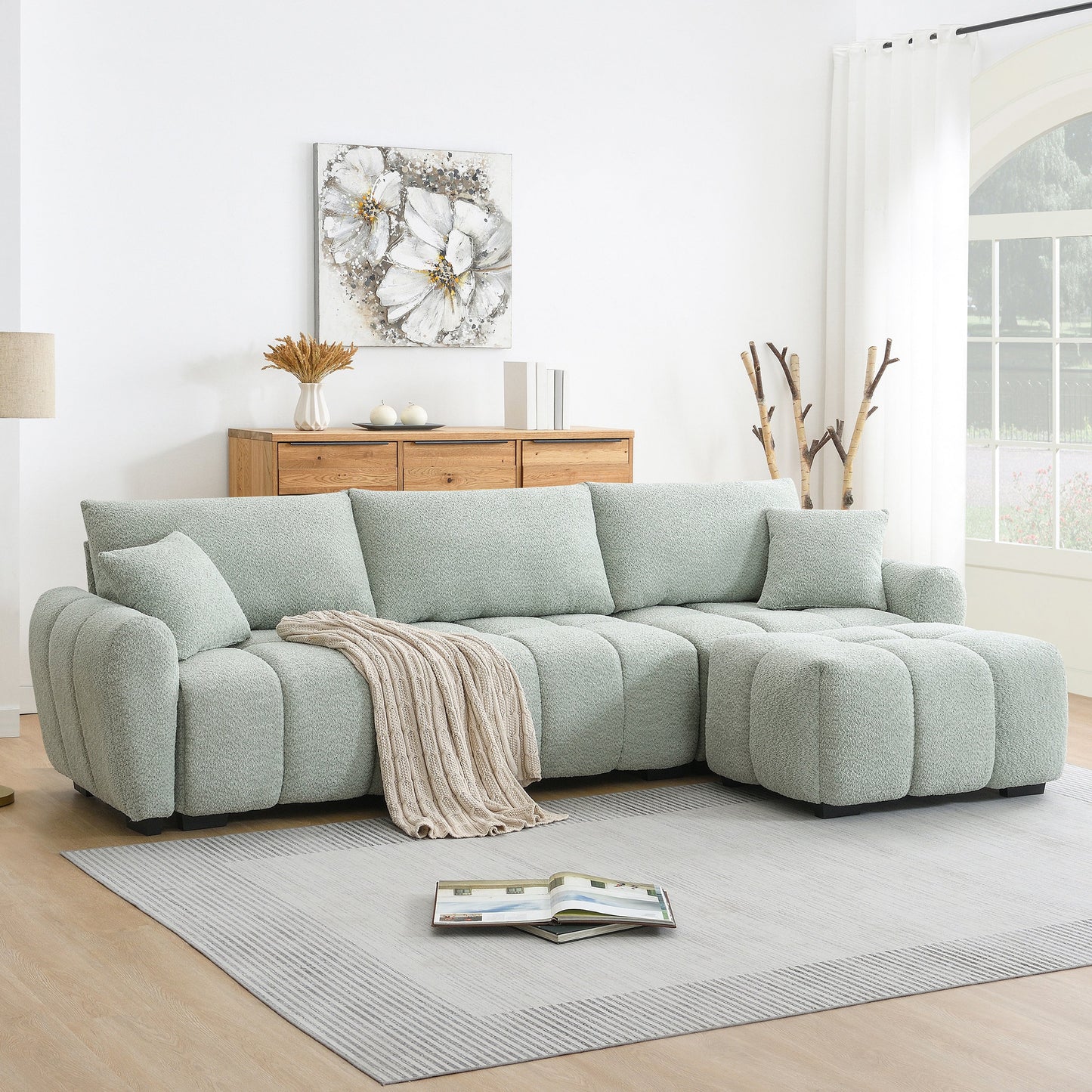 Sectional Sofa L-Shape Boucle Light Green 4 Seat Ottoman 110 In