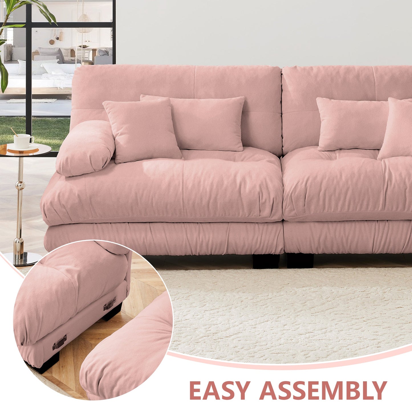 Sectional Sofa Cloud Curved Chenille Pink 2 Seat Convertible Ottoman