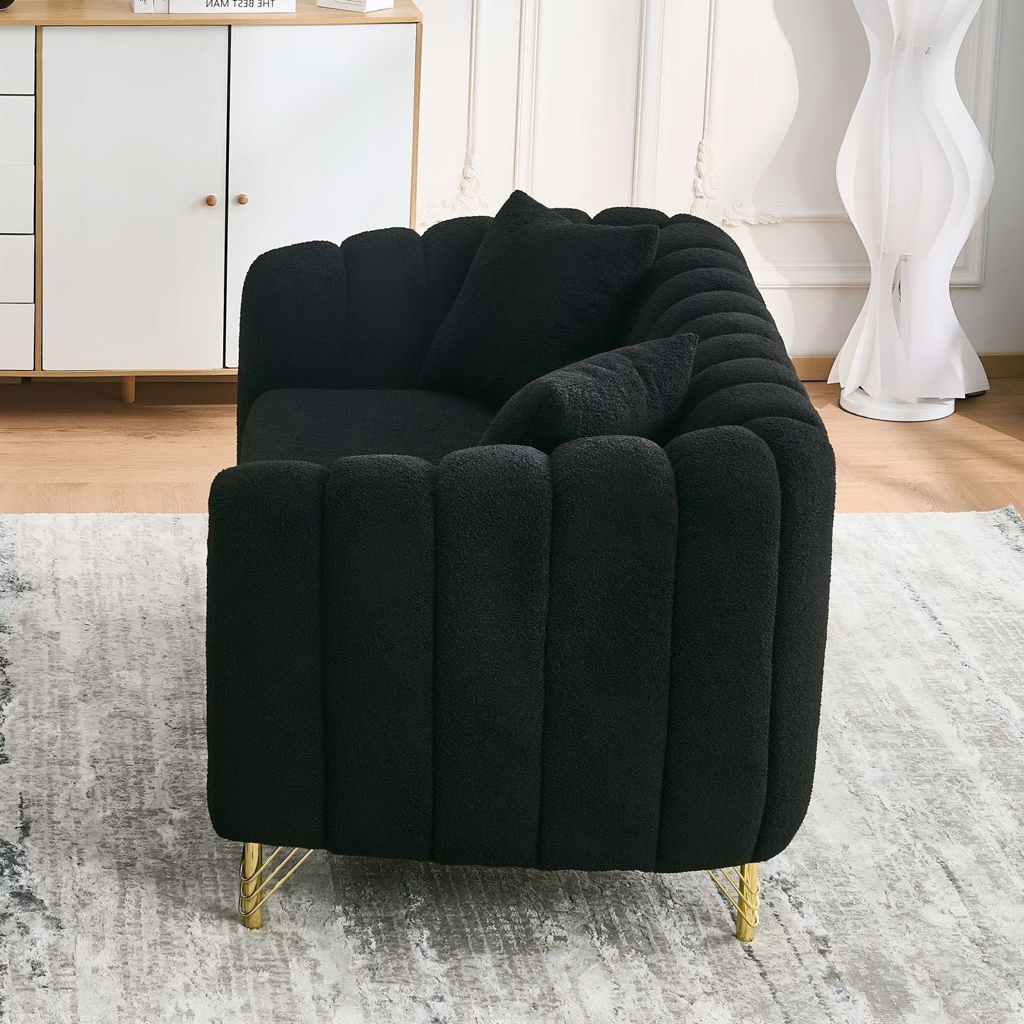 Loveseat Modern Chenille Black Gold Metal Legs 2 Seat 63 In 500 LB