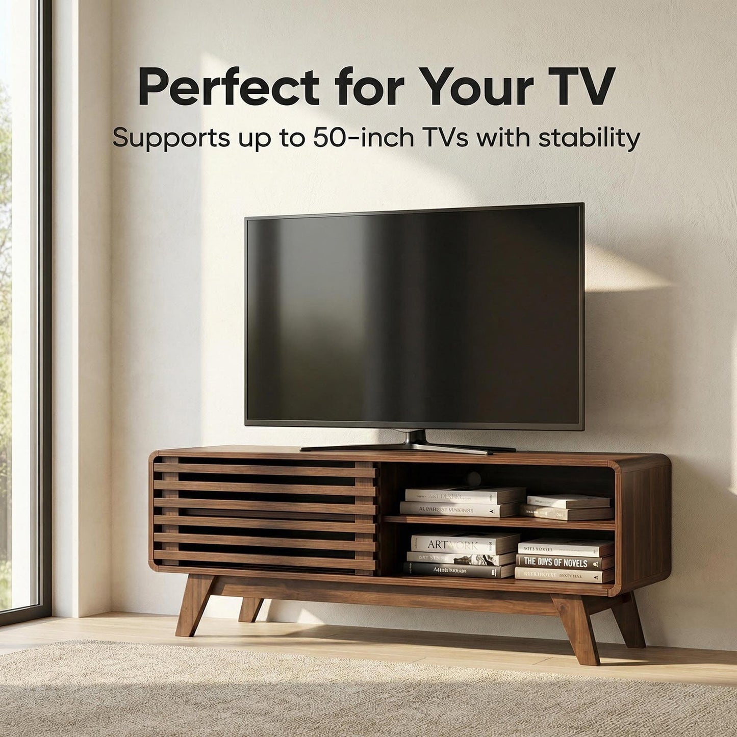 TV Stand Walnut MDF Slatted Sliding Door Fits 50 In TV Cable Management