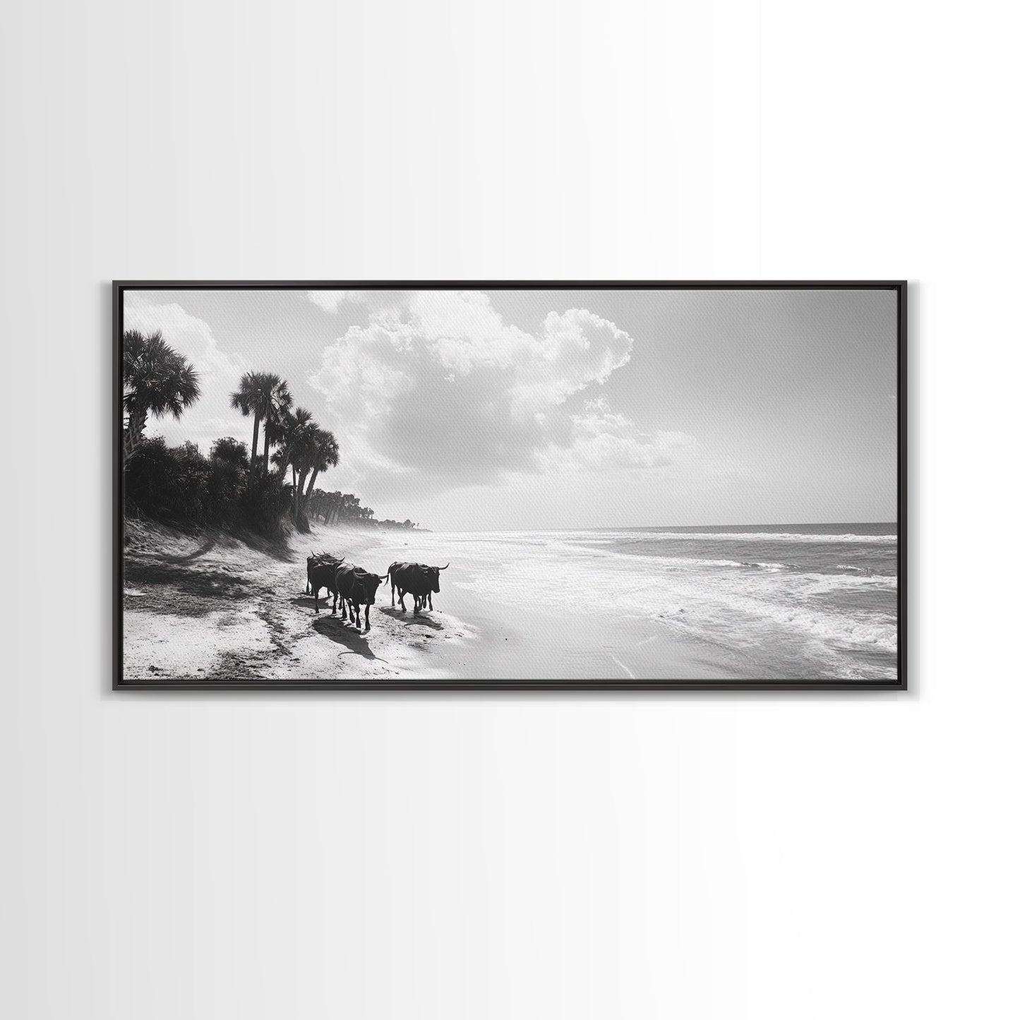 Cattle on beach, coastal cowgirl wall art, rustic decor, farmhouse art, landscape painting, panoramic painting, extra wide art, framed canvas print
