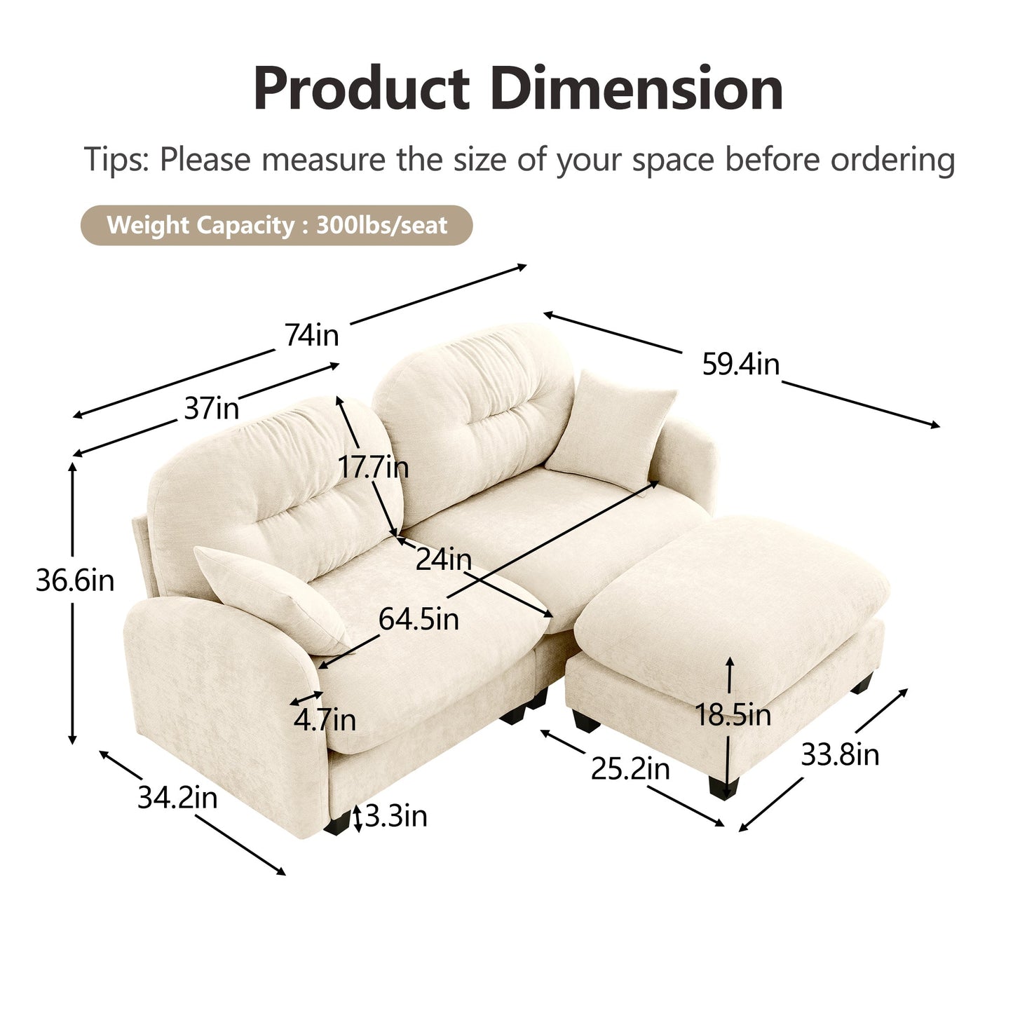 Sectional Sofa L-Shape Modular Chenille Beige Cloud Style with Ottoman