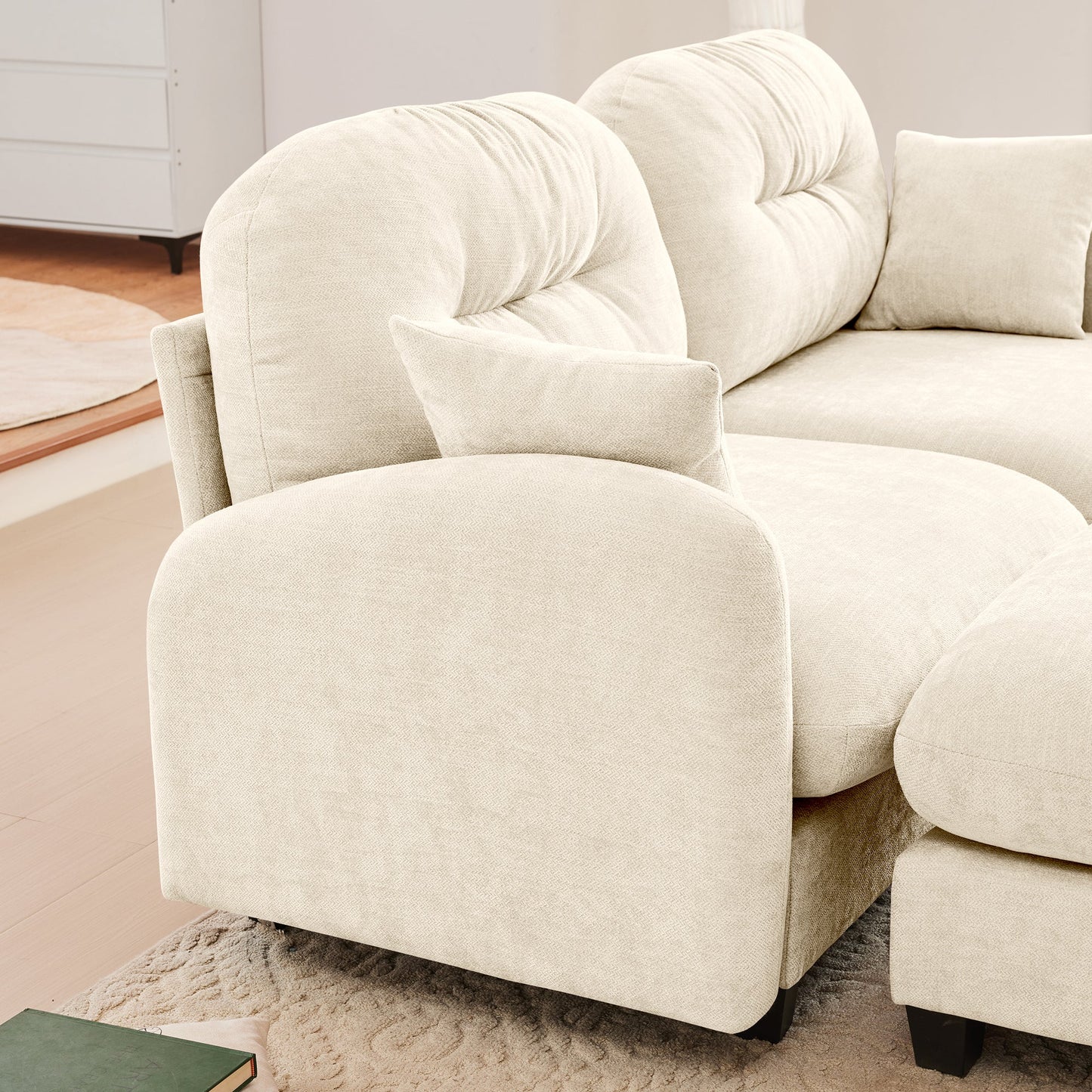 Sectional Sofa L-Shape Modular Chenille Beige 3-Seat with Ottoman