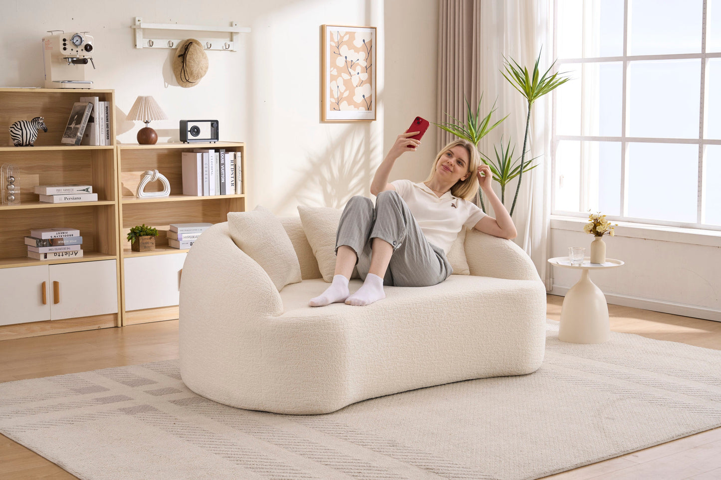 Loveseat Curved Modern Chenille Off-White 2 Seat 3 Pillows 65 In