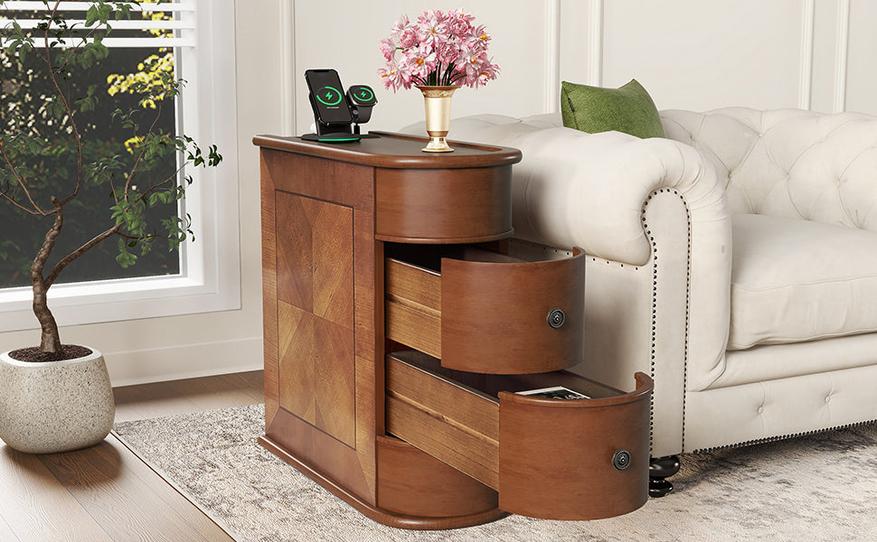 End Table Charging Station 2 AC 2 USB Ports 2 Drawers Arc Design Walnut 23.6 In