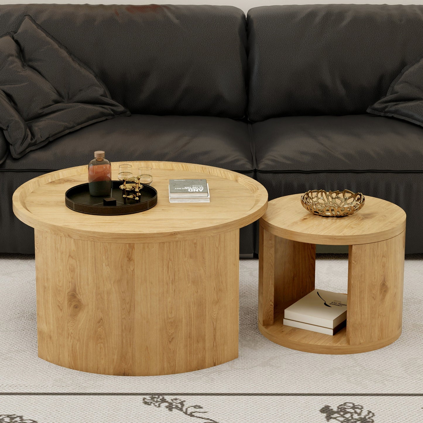Round Nesting Coffee Table Set of 2, 31.5 and 18 in, Wood Top, Living Room