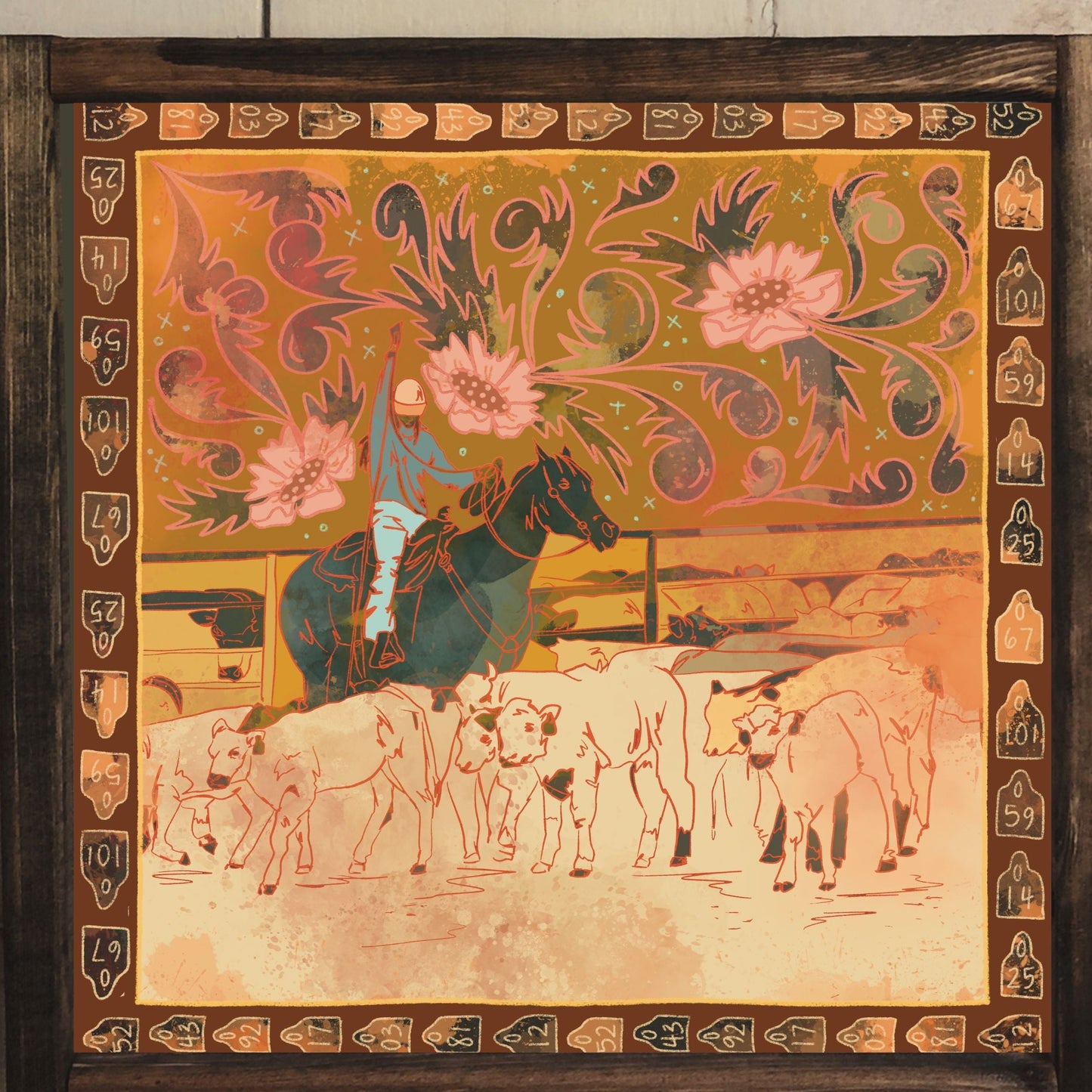 Round Up Floral Cattle Cowgirl Western Art Print