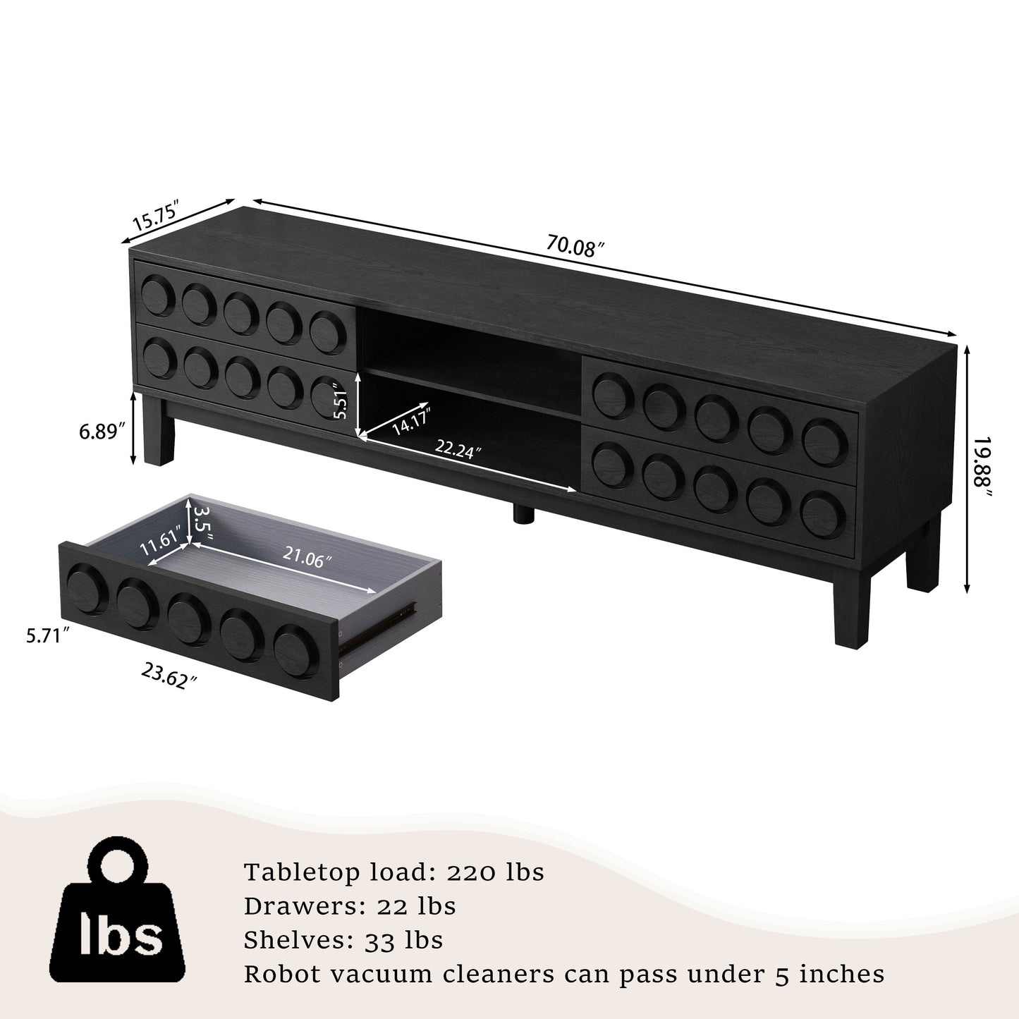 TV Stand Mid-Century Modern Solid Wood Gray Black 4-Drawer Fits 70 In TV