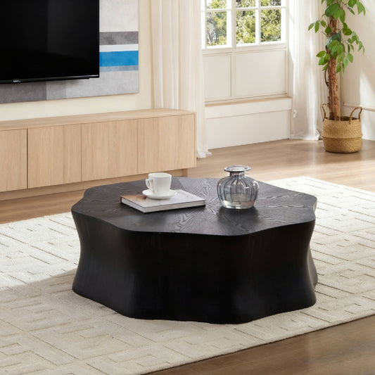 Black Petal Coffee Table, Fiberglass with Birch Wood Grain Veneer, Living Room