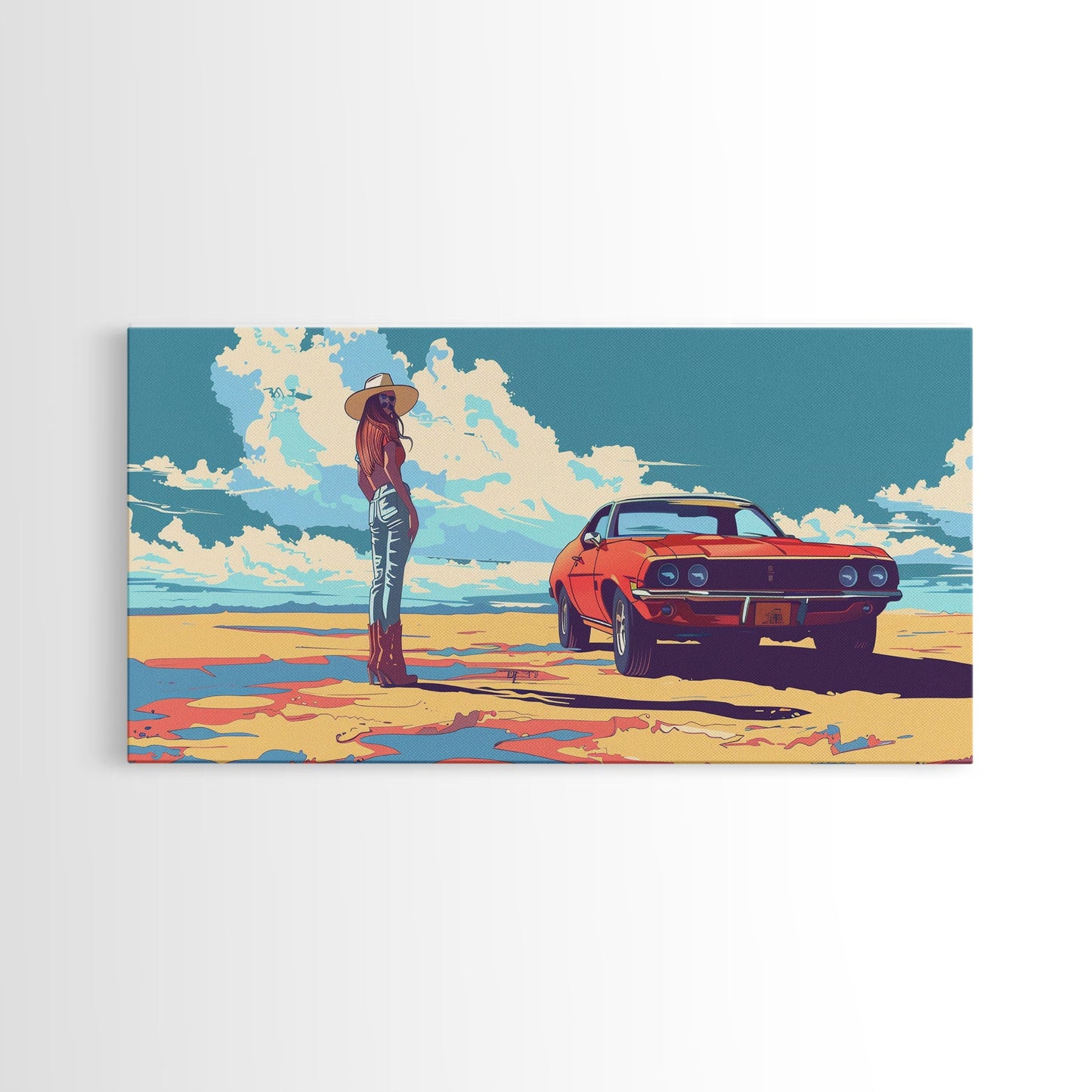 Stylized Cowgirl with Red Car in Vast Desert, Framed Canvas Print for Bedroom, Ideal Living Room Art, Retro Wall Decor