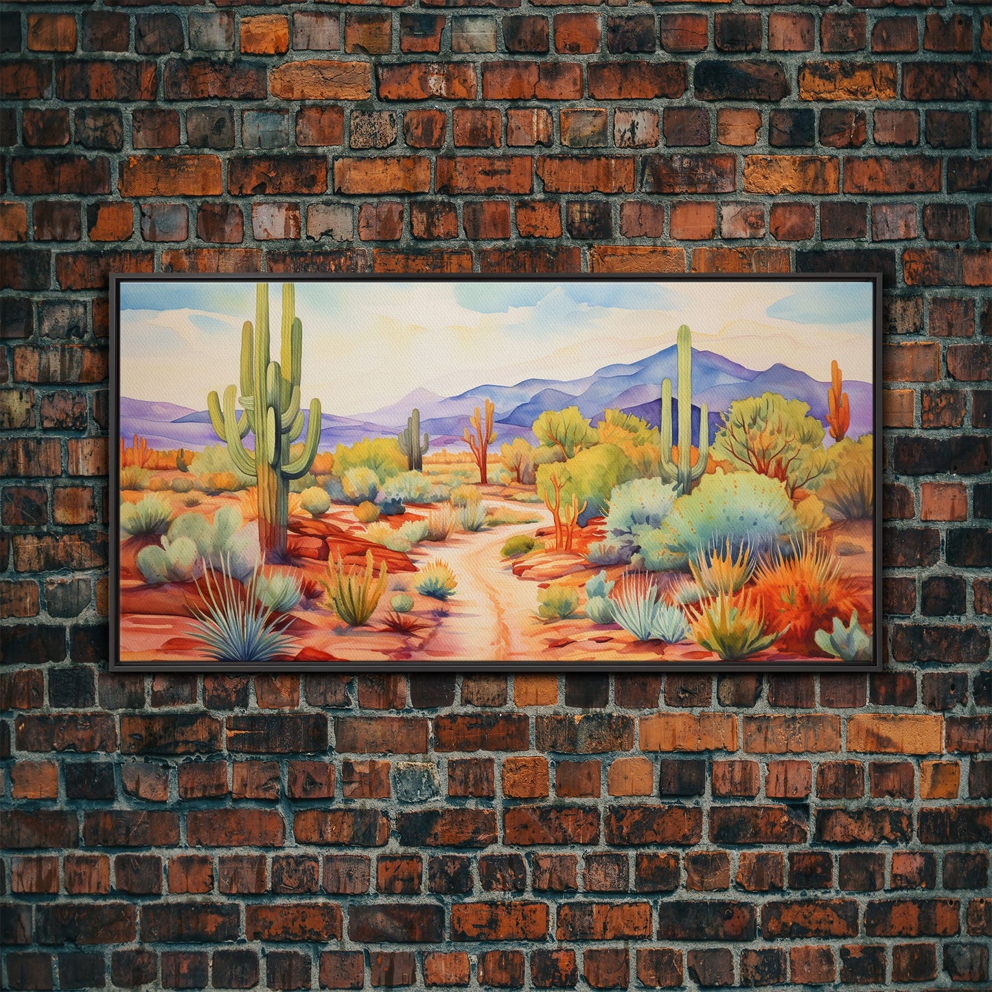 Southwestern Desert Landscape Print, Floral Print, Framed Canvas Art, Vibrant Cactus Desert Art, Mid-Century Modern, Pastel Desert Art