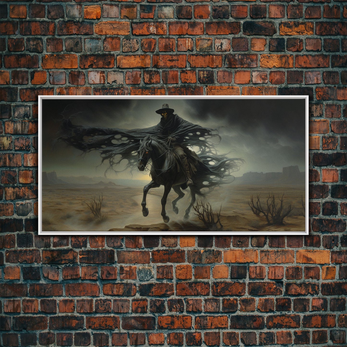 Ghost Cowboy Art, Framed Canvas Print, Halloween art, spooky decor, cowboy art, western decor, grim reaper on a horse in the desert