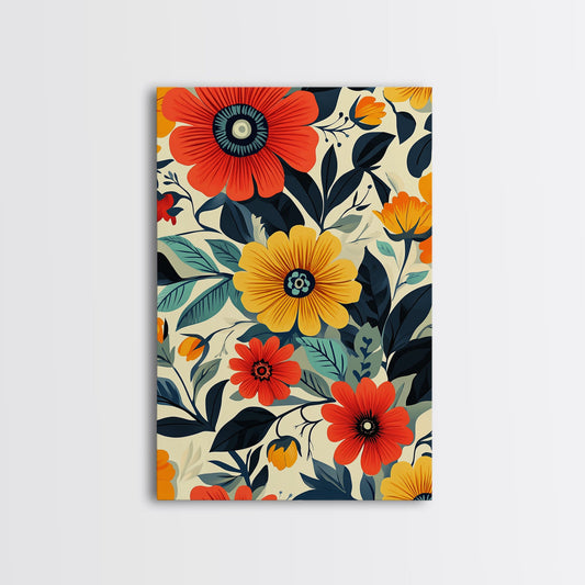 Mid-Century Modern Floral Pattern Wall Art Framed Canvas Print, Wood Framed Art, Modern Farmhouse, Retro Decor, Vintage Art