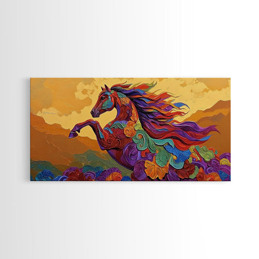 Horse Spirit, Sunset, Boho, Framed Canvas Print colorful western wall art, wild horse living room decor, boho equestrian nature artwork