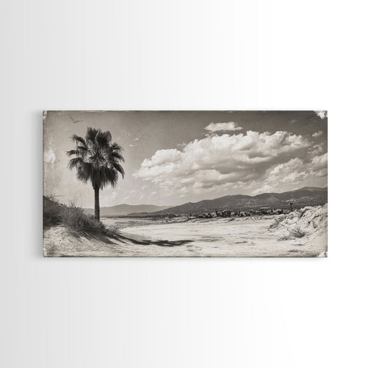 Palm Tree, Desert View, Retro Landscape, Framed Canvas Print, Vintage Wall Art, Rustic Home Decor, Living Room Accent, Study Wall Art