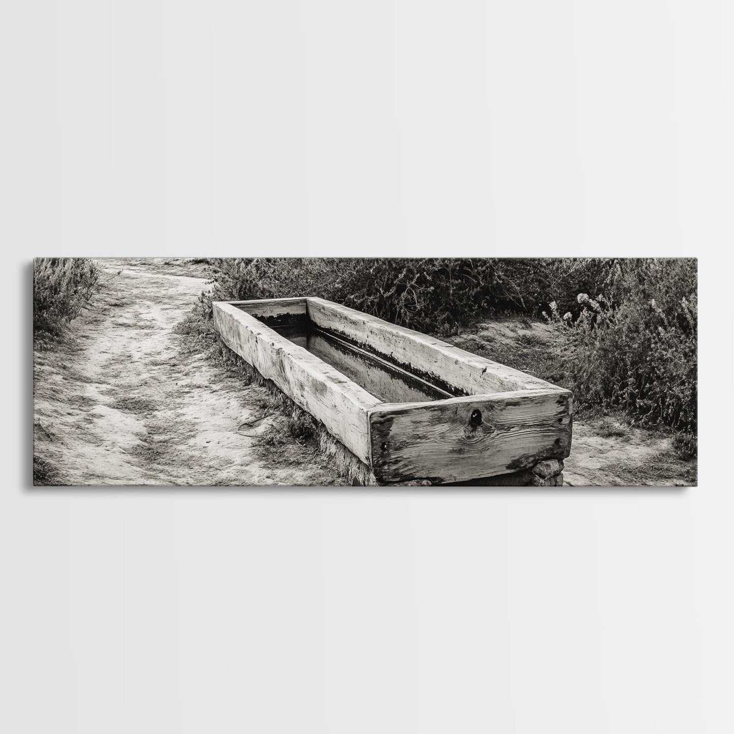Rustic Water Trough, Nature Trail, Western Desert Scene, Framed Canvas Print, Country Farmhouse Decor, Minimalist Entryway Wall Art