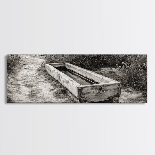 Rustic Water Trough, Nature Trail, Western Desert Scene, Framed Canvas Print, Country Farmhouse Decor, Minimalist Entryway Wall Art